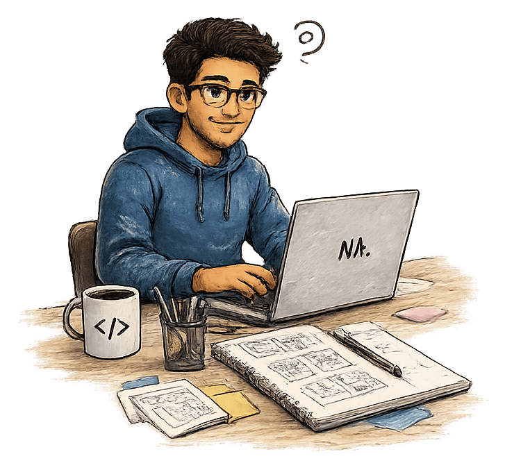 Hand-drawn avatar working at a laptop